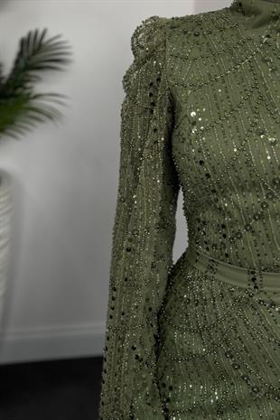 Brunella Pelerinli Taş İşlemeli Balık Model Abiye Haki