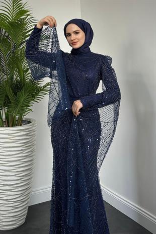 Brunella Pelerinli Taş İşlemeli Balık Model Abiye Lacivert