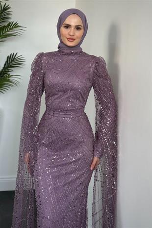   Brunella Pelerinli Taş İşlemeli Balık Model Abiye Lila (KEMERSİZDİR)