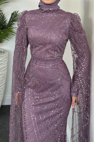   Brunella Pelerinli Taş İşlemeli Balık Model Abiye Lila (KEMERSİZDİR)
