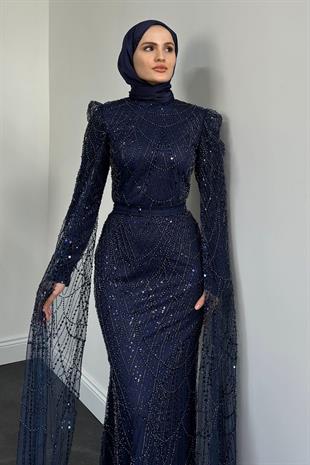 Brunella Pelerinli Taş İşlemeli Balık Model Abiye Lacivert