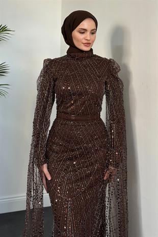 Brunella Pelerinli Taş İşlemeli Balık Model Abiye Kahverengi
