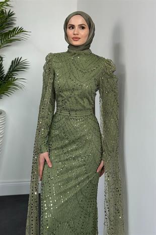 Brunella Pelerinli Taş İşlemeli Balık Model Abiye Haki