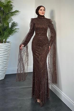 Brunella Pelerinli Taş İşlemeli Balık Model Abiye Kahverengi