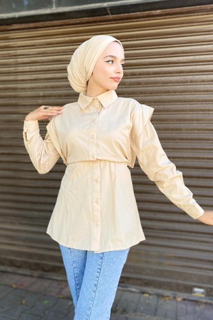 Büzgülü Düğmeli Gömlek Bej