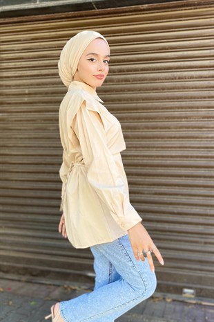 Büzgülü Düğmeli Gömlek Bej