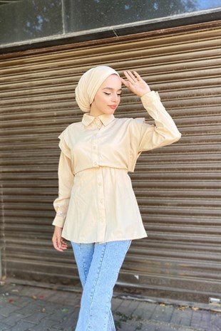 Büzgülü Düğmeli Gömlek Bej