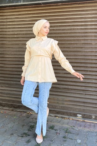 Büzgülü Düğmeli Gömlek Bej