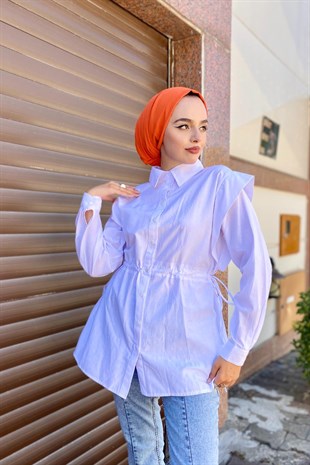 Büzgülü Düğmeli Gömlek Beyaz