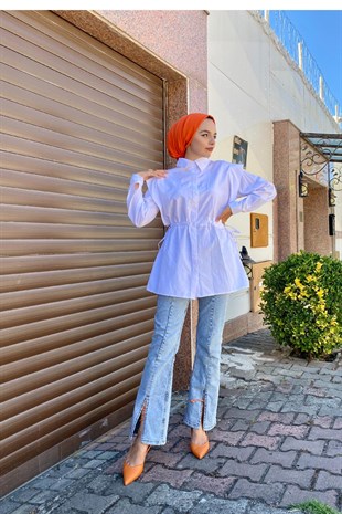 Büzgülü Düğmeli Gömlek Beyaz