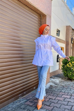 Büzgülü Düğmeli Gömlek Beyaz