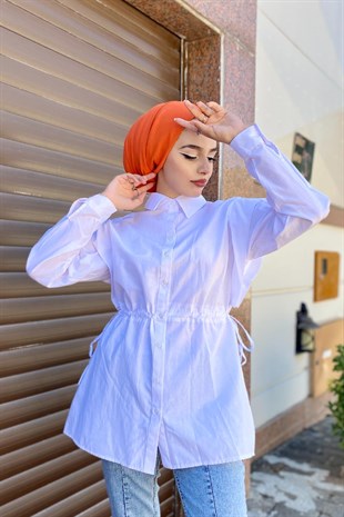 Büzgülü Düğmeli Gömlek Beyaz