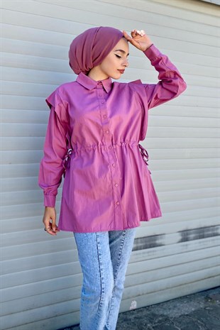 Büzgülü Düğmeli Gömlek Gül Kurusu