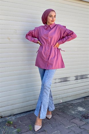 Büzgülü Düğmeli Gömlek Gül Kurusu