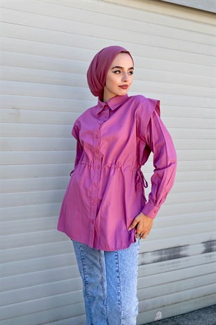 Büzgülü Düğmeli Gömlek Gül Kurusu