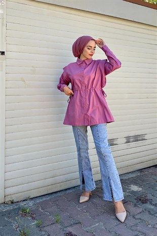 Büzgülü Düğmeli Gömlek Gül Kurusu