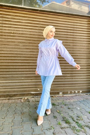 Büzgülü Düğmeli Gömlek Lila