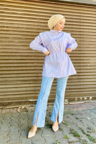 Büzgülü Düğmeli Gömlek Lila