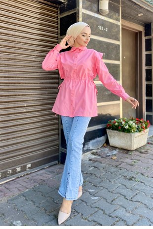 Büzgülü Düğmeli Gömlek Pudra