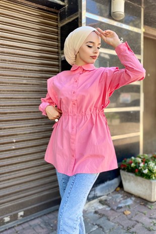 Büzgülü Düğmeli Gömlek Pudra