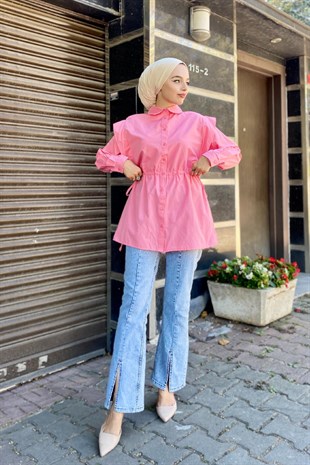 Büzgülü Düğmeli Gömlek Pudra