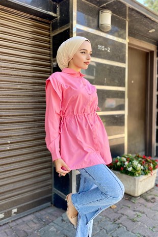 Büzgülü Düğmeli Gömlek Pudra