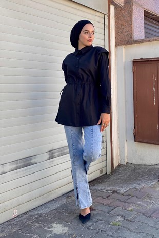 Büzgülü Düğmeli Gömlek Siyah