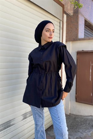 Büzgülü Düğmeli Gömlek Siyah