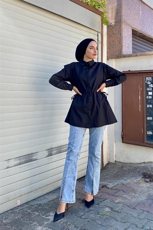 Büzgülü Düğmeli Gömlek Siyah