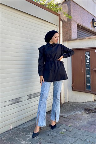 Büzgülü Düğmeli Gömlek Siyah