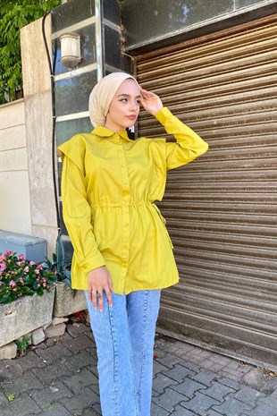 Büzgülü Düğmeli Gömlek Yağ Yeşili