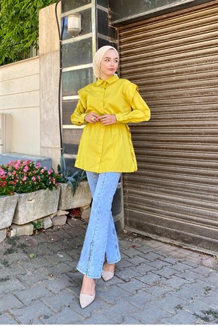 Büzgülü Düğmeli Gömlek Yağ Yeşili