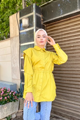 Büzgülü Düğmeli Gömlek Yağ Yeşili