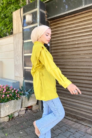 Büzgülü Düğmeli Gömlek Yağ Yeşili