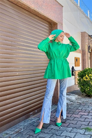 Büzgülü Düğmeli Gömlek Yeşil