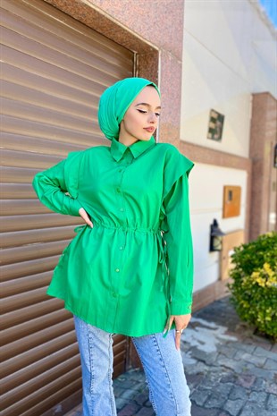 Büzgülü Düğmeli Gömlek Yeşil