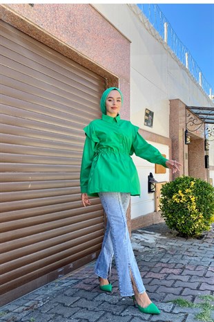 Büzgülü Düğmeli Gömlek Yeşil