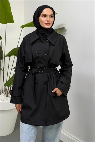 Callista Düğmeli Kemerli Trençkot Siyah 