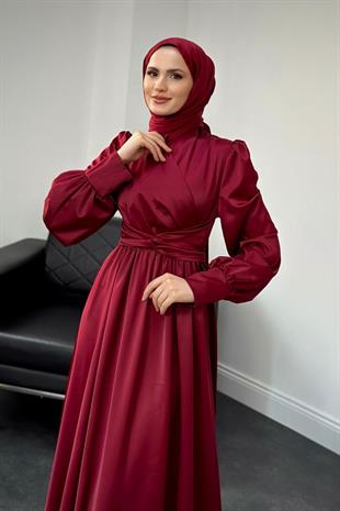 Camelia Kruvaze Yaka Saten Abiye Bordo