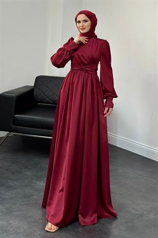 Camelia Kruvaze Yaka Saten Abiye Bordo