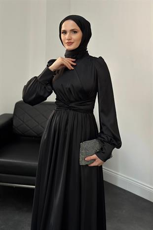 Camelia Kruvaze Yaka Saten Abiye Siyah