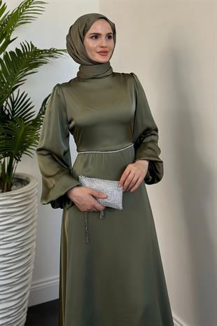 Canna Beli Taş İşlemeli Saten Abiye Haki