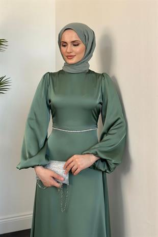 Canna Beli Taş İşlemeli Saten Abiye Mint