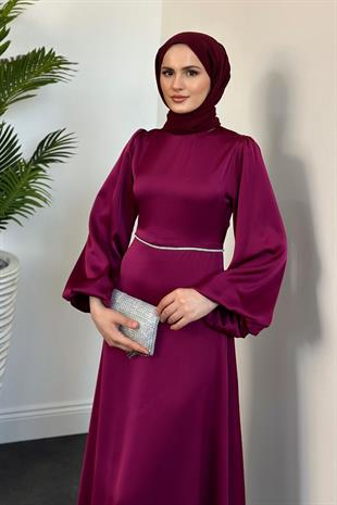 Canna Beli Taş İşlemeli Saten Abiye Mürdüm