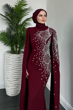 Carla Yandan Taşlı Abiye Bordo