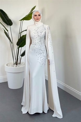 Carla Yandan Taşlı Abiye Ekru