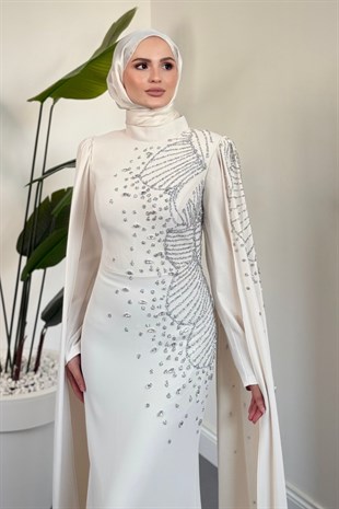Carla Yandan Taşlı Abiye Ekru