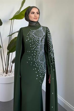 Carla Yandan Taşlı Abiye Haki