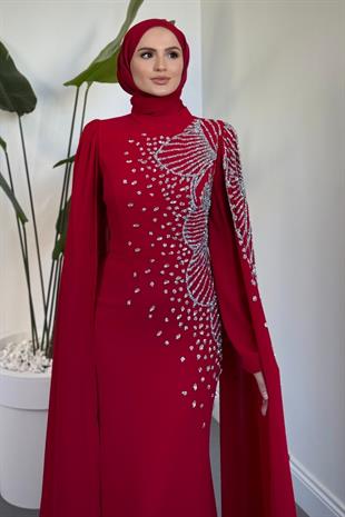 Carla Yandan Taşlı Abiye Kırmızı