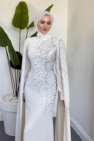 Carla Yandan Taşlı Abiye Kırık Beyaz